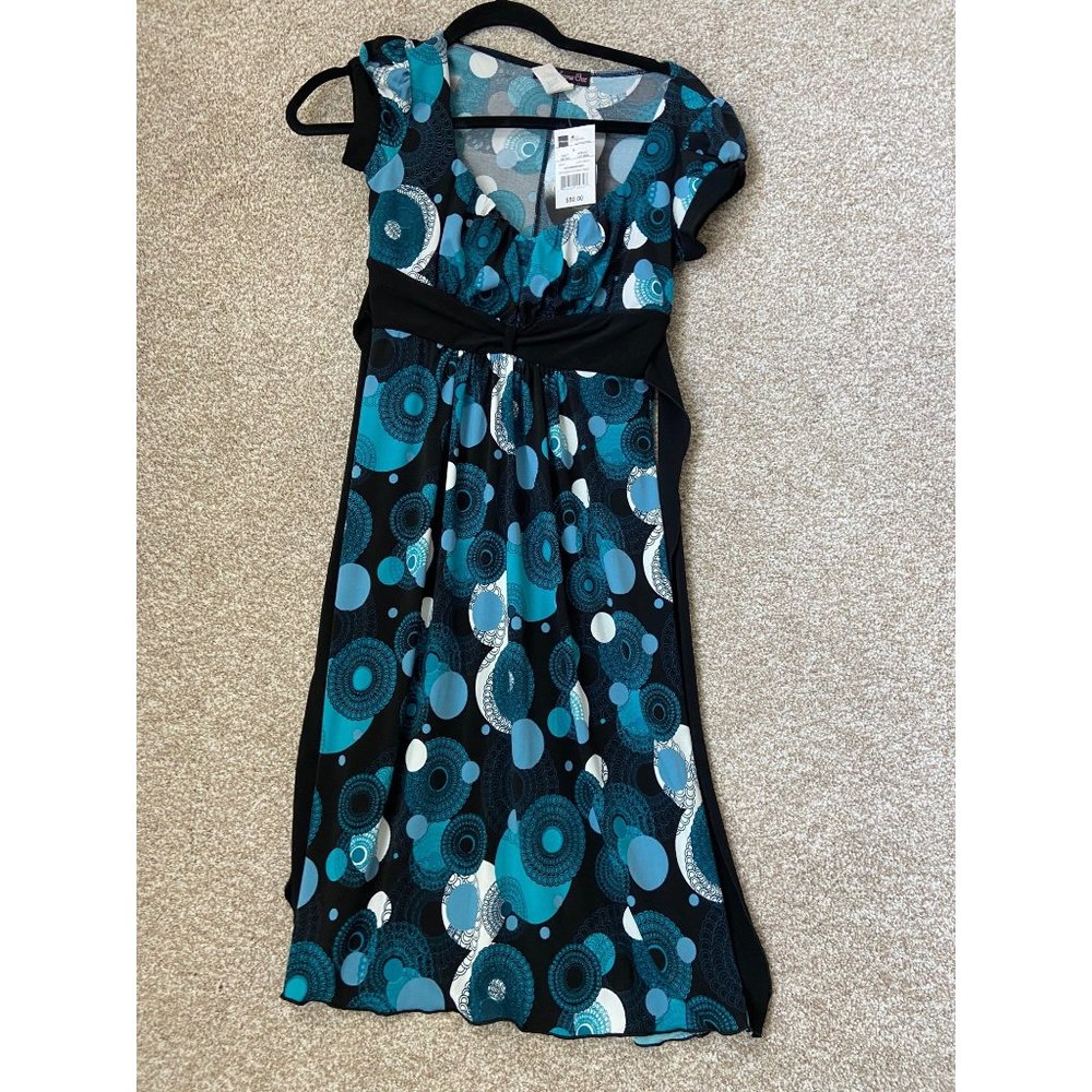 Volume One Juniors Blue Black Geometric Empire Waist Tie Back Dress Size Small